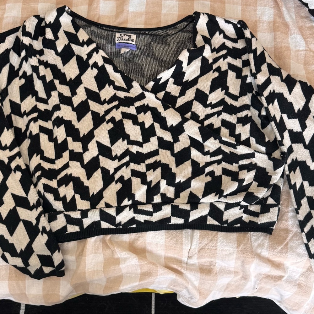 Future Collective Black & Cream Patterned Wrap-Front Top